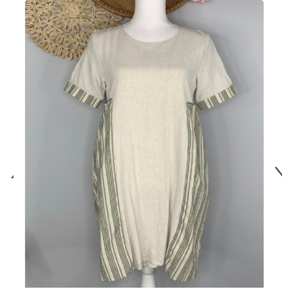 Roolee Cream with Blue/Green Stripe Linen Chambray Dress